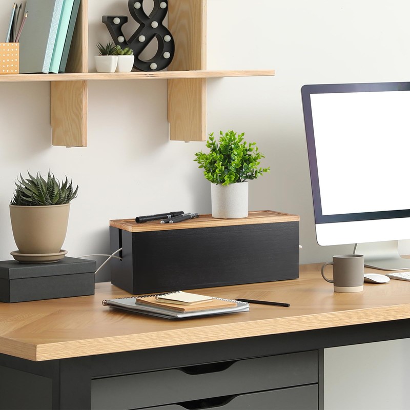 Bivvclaz Large Cable Management Box, Wooden Cord Organizer Box for