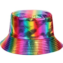 IHAUIUE PU Leather Metallic Bucket Hat Trendy Solid Color Fishing Cap Reversible Packable Sun Hats for Women, Men, Colorful 2, One Size-Large