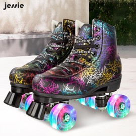 Women Roller Skates Classic High-top Outdoor Skate Roller Light-Up Four-Wheel Lightning Pattern Shiny Roller Skates for Adult Women Men with Shoe Bag (Black Flash Wheel,44=US:10)