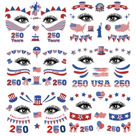 250th Anniversary Patriotic Face Temporary Tattoos for Women Kids Adults, 6 Sheets Waterproof 4th of July Face Tattoos Stickers with USA Flag Stars Eagle Fireworks Designs for Independence Day Party