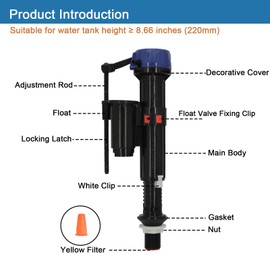 Empyreal Toilet Tank Fill Valve Replacement Part, G1/2 Universal WC Inlet Valve, Rod and Float Adjustable, Equipped with Outlet Filter and Refill Tube. (2 Pieces)