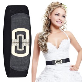 Trimming Shop Elastic Waist Belt Wide Elasticated Stretch Waistband Retro Cinch Belt PU Leather with Diamante Studded Buckle Belt for Women Dresses Outfits, 60mm Wide