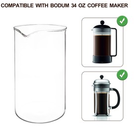 French Press Glass Replacement for Bodum, 34 Ounce, 1 Liter, Dishwasher Safe