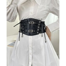Clyralisa Women's Elastic Corset Belt Sides Lace-up Underbust Wide Costume Belts for Women Black XS