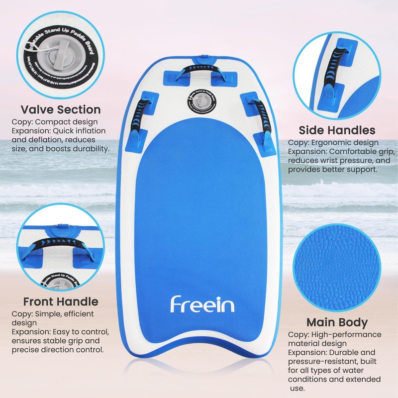 Freein Body Board Inflatable, Surfboards BodyBoards for Beach River, Foldable