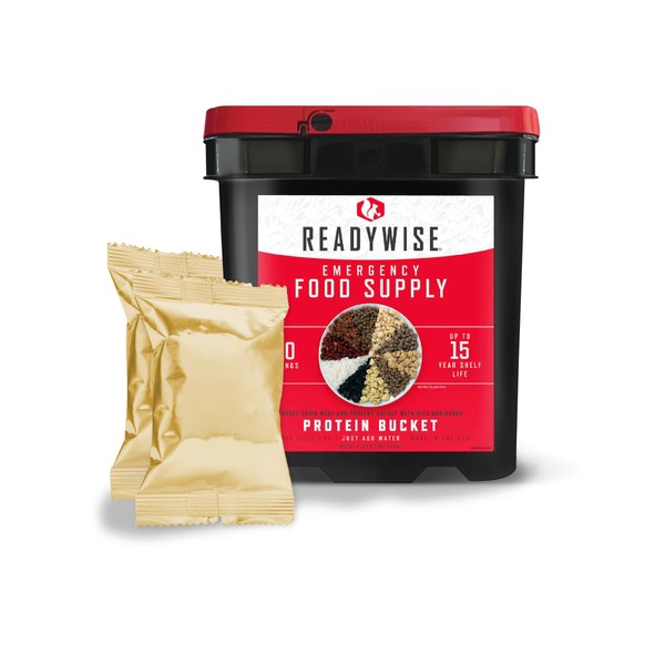 READYWISE - Protein Bucket, 110 Servings, Emergency, MRE Meal & Drink Supply, Premade, Freeze Dried Survival Food, Hiking, Adventure & Camping Essentials, Individually Packaged, 15 Year Shelf Life