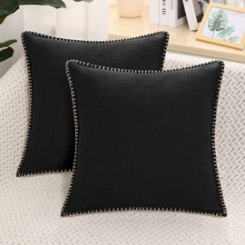 decorUhome Set of 2 Linen Cushion Covers 65X65cm,Decorative Outdoor Plain Vintage Cushion Covers with Stitched Edges, large Square Farmhouse Neutral Pillow case 26x26 Inch for Sofa, Black