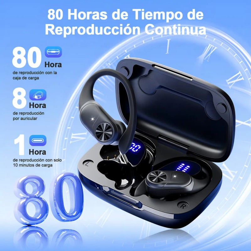 BMANI T60 Audífonos Bluetooth Deportivos, IPX7 Impermeable, Carga Inalámbrica, Pantalla