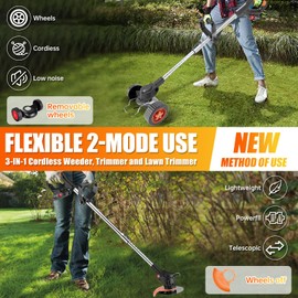 Electric Weed Wacker Cordless Eater Battery Powered, 21V Lightweight Stringless Grass Trimmer/Edger/Brush Cutter, 3 in 1 Weed Trimmer with 2 Battery Operated and Wheels for Yard and Garden