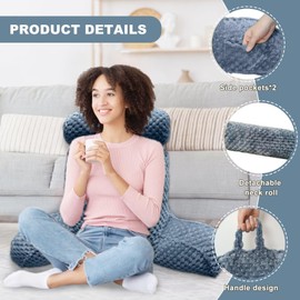 Shuyeon Reading Pillow for Bed, Large Bed Rest Pillow with Arms and Detachable Neck Roll - Ultra-Comfy Removable Microplush Cover Bed Chair Pillow, Bed Rest Pillow with Pockets for Sitting Up in Bed