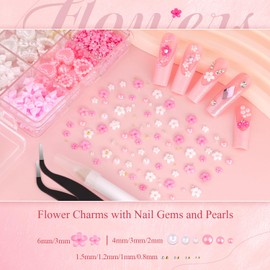 Chunky Nail Charms and Gems Set 2 with Rhinestone Glue, Girly Coquette Nail Charms + Assorted Pearl Bows Heart Star Moon + Cute 3D Flowers for Nails + Flatback Pearls with Tools for Kawaii Nail Design