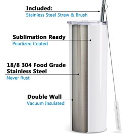 White ProSub 20oz Straight Skinny Tumbler Sublimation Mug Blanks - White