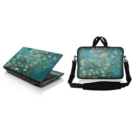 LSS 15 15.6 inches Laptop Sleeve Bag with Matching Laptop Skin Sticker Combo | Carrying Case w/Handle & Adjustable Shoulder Strap for 14" 15" 15.6" - Almond Trees