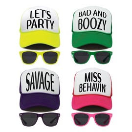 4 Pack: Trucker Hat & Sunnies - Boozy Pack (bad and boozy, let's party, miss behavin, savage)