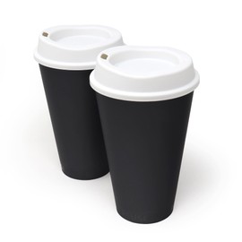 Rolling Sands USA Made 16 oz Reusable Coffee Cups with Lids 2 Pk, To Go Travel Cups, Hot or Cold Drinks, Dishwasher and Microwave Safe, Black Cups, White Lids