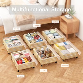 Wisuce Home Under Bed Storage Containers With Wheels - 2 Pcs Bamboo Wood Rolling Underbed Shoe Storage Bins With Dust Bags for Clothes Blankets, Duvet Covers Snacks Toys (Natural)
