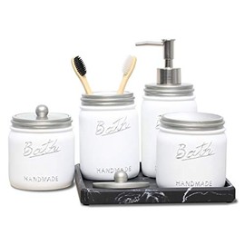 LKKL Mason Jar Bathroom Accessories Set 5 Pcs - Foaming Hand Soap Dispenser & Toothbrush Holder & 2 Apothecary Jars & Vanity Tray - Rustic Farmhouse Decor, Countertop Vanity Organizer - Nickel