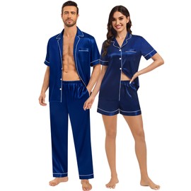 SWOMOG Satin Couples Pajamas Sets Women & Men Silk Short Sleeve Sleepwear Button Down Nightwear 2 Pcs Loungewear(Men, Navy Blue, Small)