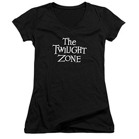 Twilight Zone Logo Juniors' Sheer Fitted V-Neck T Shirt, Small Black