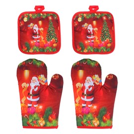 Cabilock Set of 4 Christmas Oven Gloves, Pot Holder Set, Non-Slip, Heat-Resistant Oven Gloves, BBQ Gloves, Baking Gloves, Christmas Decoration for Home, Cooking, Baking, Grilling