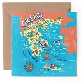 1 x Greeting Card - Greece Santorini Crete Map Landmarks - Blank Birthday Celebration Anniversary #58716