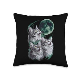 Three Maine Coons Howling at the Moon, 3 Hungry Cats Meowing Throw Pillow