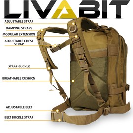 LIVABIT Tactical Emergency EDC 3 Day Earthquake Survivalist Grab and Go Bug Out Kit Bag Backpack Rucksack Molle Nylon Carrier TAN