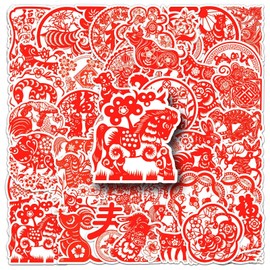 12 Chinese Zodiac Signs Stickers for Water Bottle,50 PCS Chinese Paper Cuttings Stickers Pack for Bicycle Suitcase Laptop Phone Guitar,Waterproof Aesthetic Vinyl Stickers for Teens Party Favors