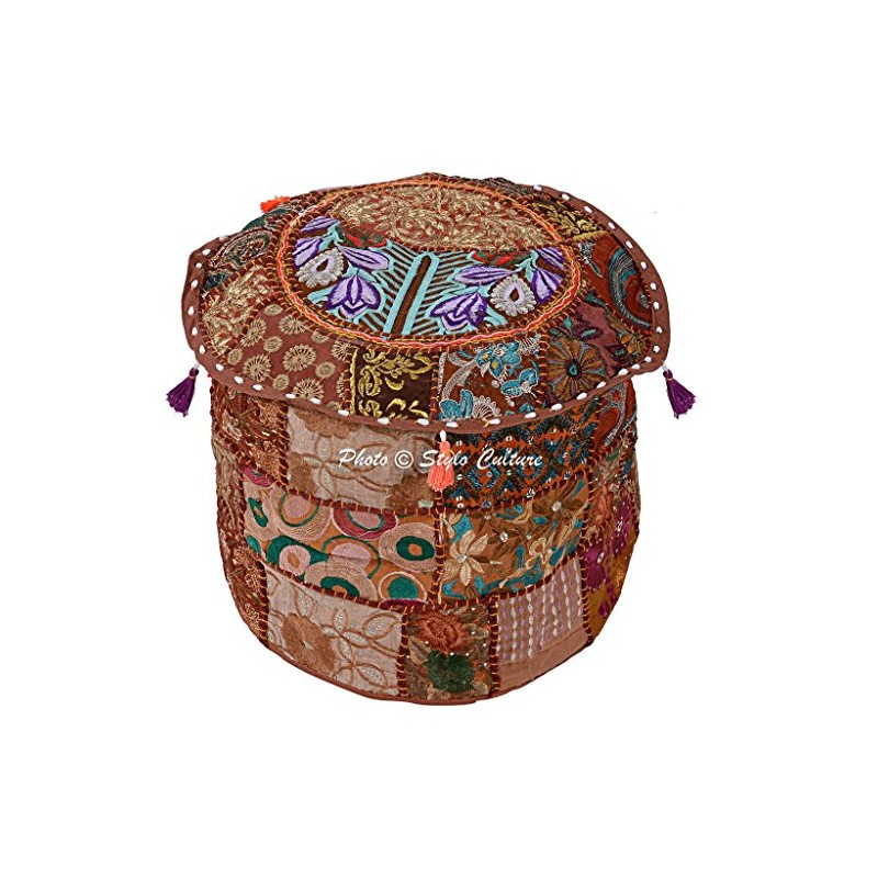 Stylo Culture Cotton Patchwork Embroidered Osmanische Cover Brown Floral Ottoman
