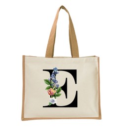 Monogram Initial Canvas Jute Tote Bags for Women - Cotton Shoulder Bags, Reusable Bags for Shopping, Gift bags, Book Bag, Travel Bag, Shopper Bags - Floral Letter E - Natural - L