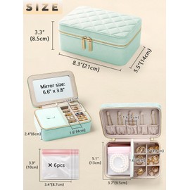 Lumayina Velvet Travel Jewelry Box with Large Mirror, Double-Layer Jewelry Organizer Case for Women and Girls, Portable Storage Case with 6 Anti-Tarnish Bags Gift Ready for Her (Mint Green)