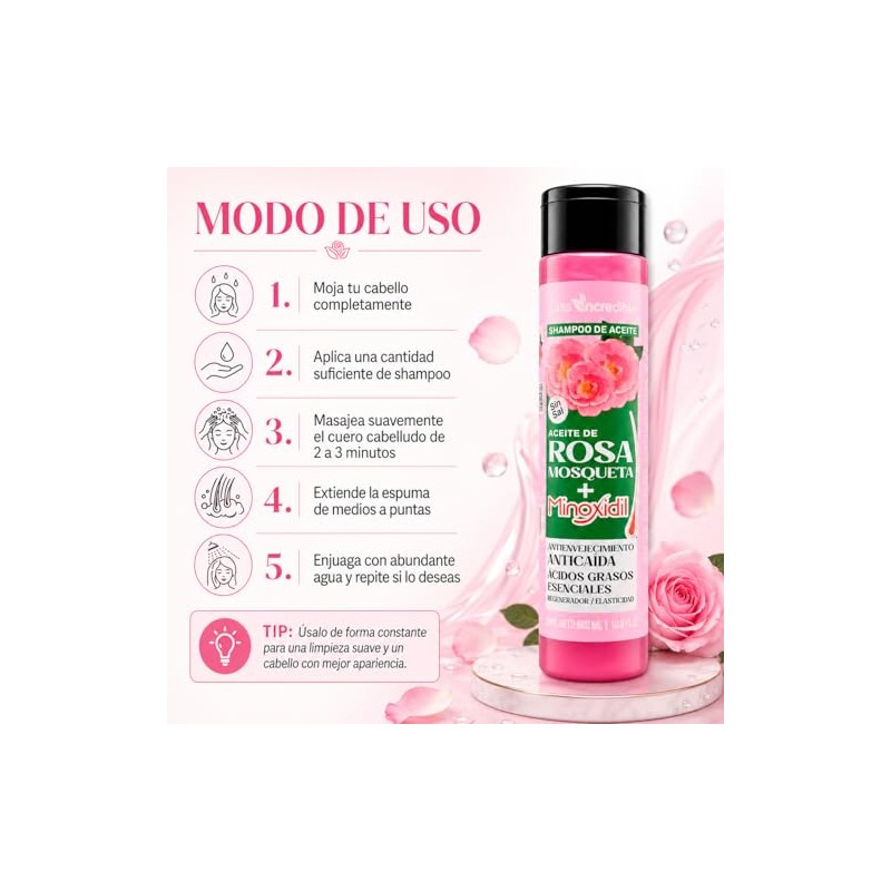 Shampoo de Aceite con Rosa Mosqueta, Suavidad, Anticaída, Regenerador, 500