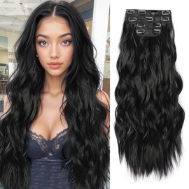 JIAMEISI Clip in Hair Extensions 4PCS Full Head Long Wavy Hair Extensions Synthetic Fiber 22 Inch 200g Clip in Thick Hairpieces for Women/Girls (#1B Natural Black)