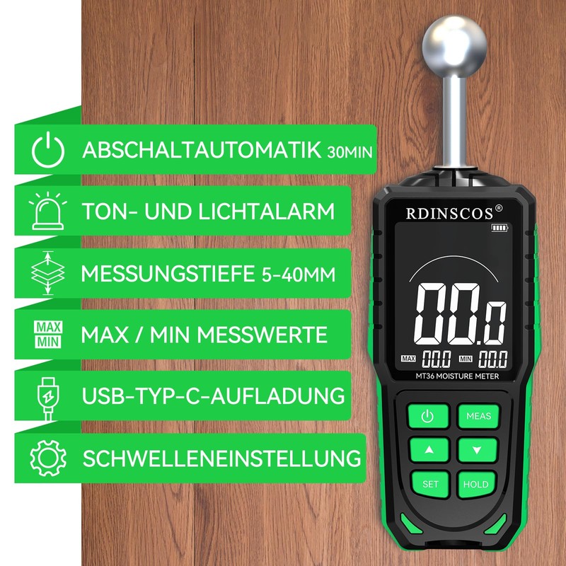 RDINSCOS Ball Shape Moisture Meter Wall & Wood, Colour LCD