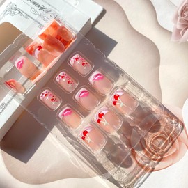 Heart Press On Nails Short Square Fake Nails Valentine's Day False Nails French Tip Acrylic Nails with Love Heart Lips Flame Designs Glue on Nails Valentine's Romantic Nail Decorations for Women Girls