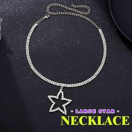 JEAIRTS Rhinestone Star Pendant Choker Necklace Sparkly Collar for Women