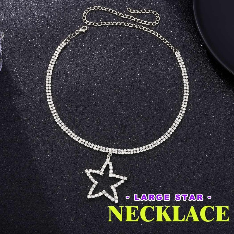 JEAIRTS Rhinestone Star Pendant Choker Necklace Sparkly Collar for Women