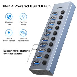 KAGO Powered USB Hub 3.0 with ac Adapter - 10 USB 3.0 Data Transfer Ports, 4 Charging Ports with Individual On/Off Switches, Power Adapter Included