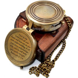Trust in The Lord Bible Quote- Proverb 3:5-6 Scripture, Religious Inspirational Gift with Chain Pocket Compass with Preamium Leather Case for He/She