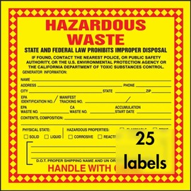 Accuform (California) Hazardous Waste Label Adhesive-Poly Vinyl,Hazardous Waste - State and Federal Law PROHIBITS Improper Disposal...Handle with Care, 6"x6", Red/Black/Yellow (Pack 25), MHZWCAEVP