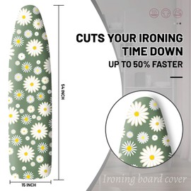 Extra Thick Ironing Board Cover and Pad, 15x54 Ironing Board Cover, Resist Scorching and Staining,Elastic Edges,Sage Green White Daisy Spring Flowers