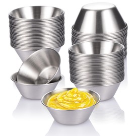 HOMEE 50 Pack Stainless Steel Condiment Sauce Cups, 1.7oz/50ml Reusable Round Dipping Sauce Cup, Stackable Round Individual Dipping Bowls Containers for Home Party Kitchen Restaurant