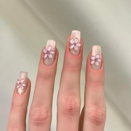 MouyouGlow Press on Nails Mittellang,Ballerina Nude Rosa 3D Blumen Floral Glitzer Y2K Fake Nails with Nail Glue,Natural Pink Flowers Shimmer Artificial Fingernails