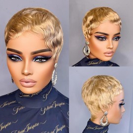 YKHJH Pixie Cut Wig Human Hair For Black Women Short Straight Human Hair Wigs With Bangs Full Machine Made Wigs (Blonde)