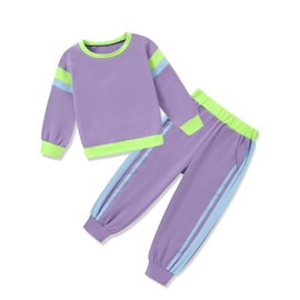 SANMIO Toddler Girl Clothes Outfits Cute Color Block Long Sleeves Top and Pants Sweatsuit 2 Piece Fall Clothing Set, Purple, 6-7Y