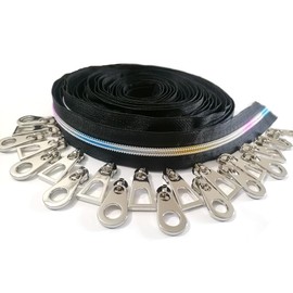 CYS #5 - Cinta de cremallera negra de 10 yardas con 15 tiradores plateados de nailon negro para coser cremalleras de arco iris para bolsa de manualidades, cinta negra, dientes coloridos
