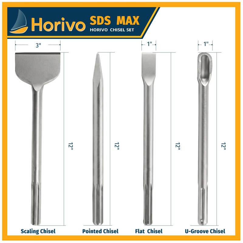 4-Piece SDS Max Chisel Set, 12-Inch Rotary Hammer Chisels