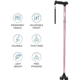REHAND Walking Cane for Men & Women - Foldable, Adjustable, Lightweight, Self Standing Pivot Walking Cane, Soft Handle Grip, with Travel Bag, Walking Sticks for Seniors & Adults (Pink)