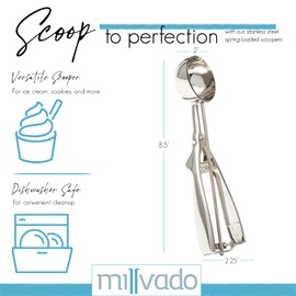 Millvado Stainless Steel Ice Cream and Cookie Scoop | Medium Sized, Spring Loaded Lever Design, For Sorbet, Melon, Meatballs, Muffins, and More, 2 Ounce (2-1/8”) Scooper