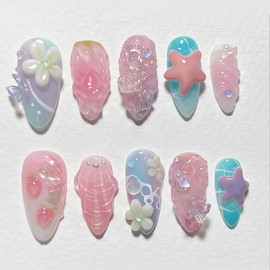 30Pcs Summer Press on Nails Medium Almond Fake Nail with 3D Butterfly Flower Designs Starfish Ocean False Nails Pearl Full Cover Stick on Nail Beach Nails for Women Summer Manicure Decoration